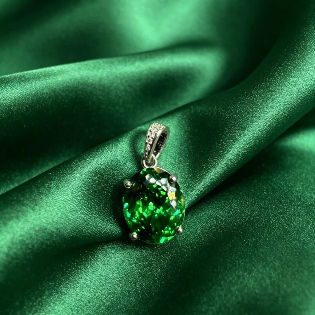 Green Oval Silver Pendant Necklace